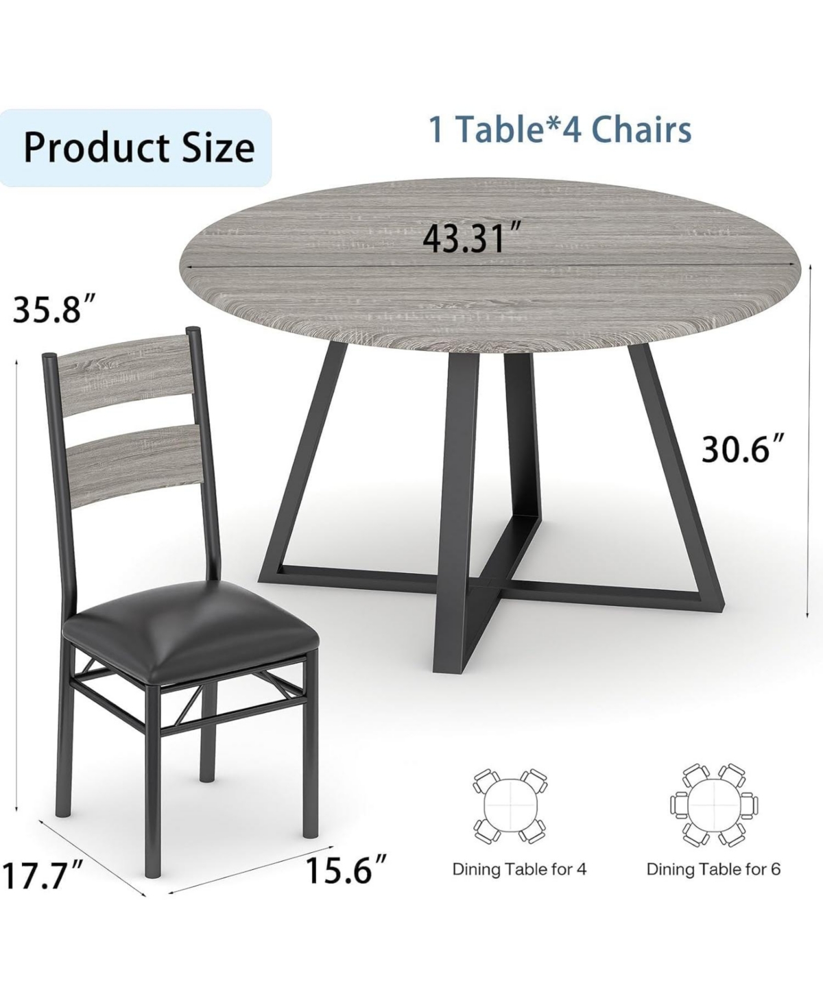 gaomon Round Dining Table Set for 4, 5 Piece Circle 43.31" Wooden Kitchen Dinner Table and Chairs Set for 4-6, w/ 4 Unpholster Chairs