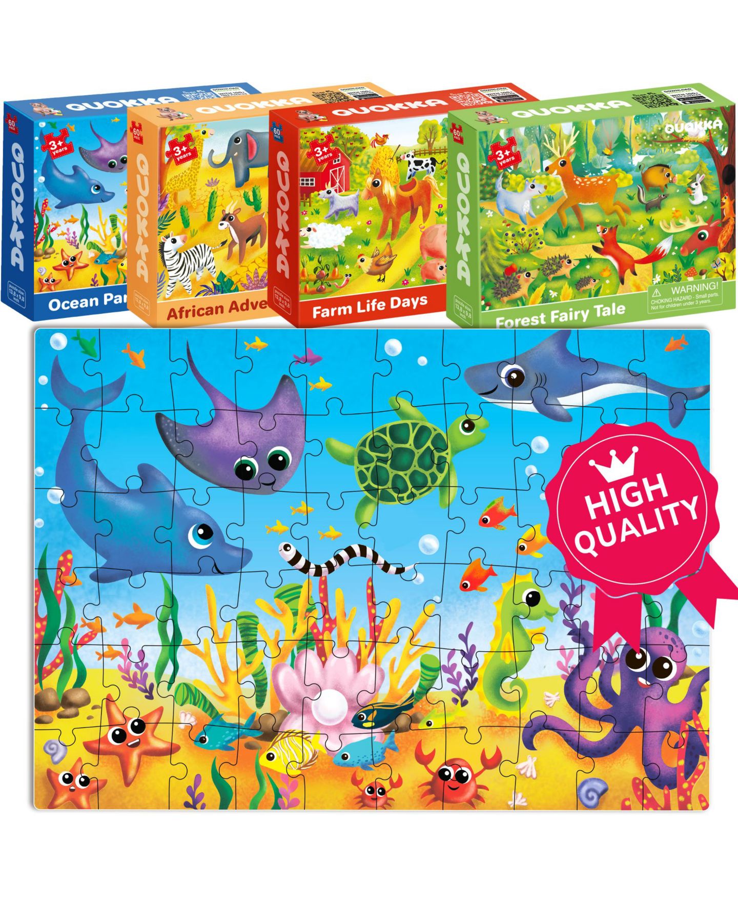 Детский пазл Quokka Four 60-Piece Jigsaw Puzzles, Ages 4+, цвет: Тёмно-зелёный океанский — фото 6