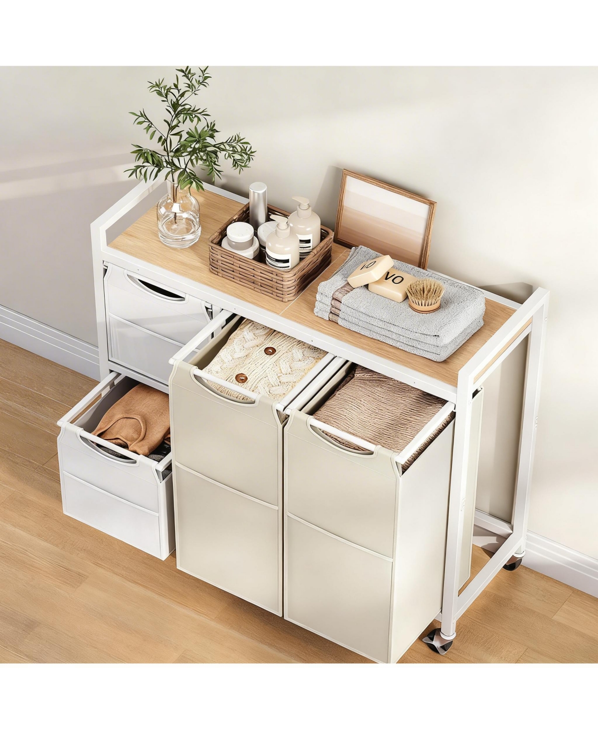 Yigii Laundry Sorter shelve with Hamper Wheels Rolling Basket Pull-out Detachable Bags