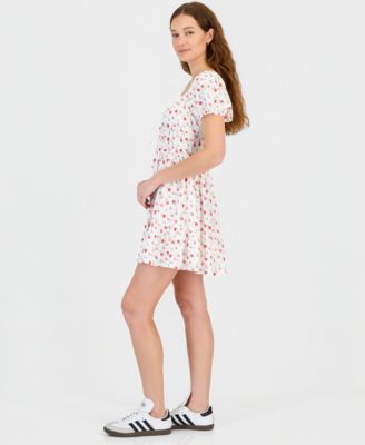 Juniors' Floral Print Eyelet Puff-Sleeve Mini Dress