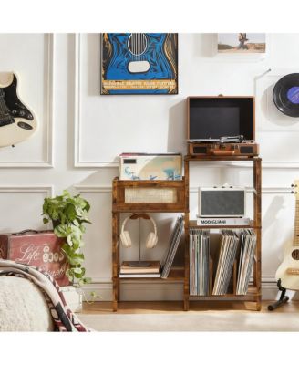 Record Player Stand Vintage Wood Rattan Media Table Display Shelf
