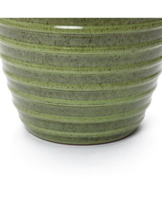 17.7" Tall Ceramic Planter Pot for Indoor Outdoor Plants with Ribbed Texture, Large Garden Plant Pots with Drainage Hole, Green