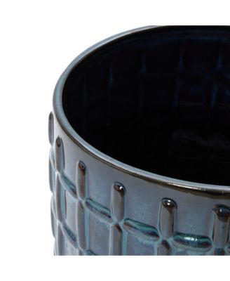 14" Tall Ceramic Planter Pot for Indoor Outdoor Plants with Geometric Texture, Large Garden Plant Pots with Drainage Hole, Blue