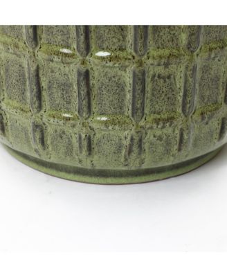 14" Tall Ceramic Planter Pot for Indoor Outdoor Plants with Geometric Texture, Large Garden Plant Pots with Drainage Hole, Green