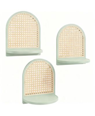 Rattan Wall Shelf Set of 3 7" Wicker Decor Boho Floating Shelves Plant Display