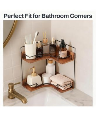 2-Tier Wooden Corner Shelf Bathroom Counter Organizer Vanity Makeup Storage