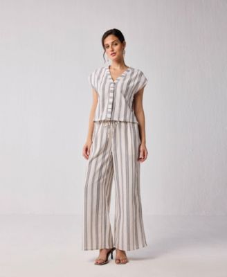 Women's Striped Matching Set with Wide-Leg Pants and V-neck Top