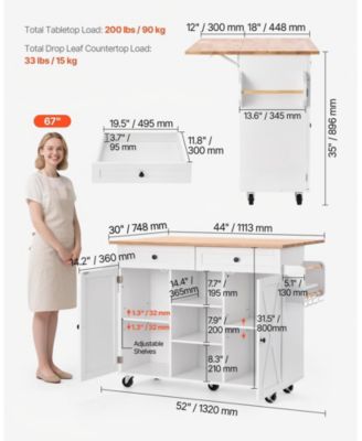 52 in Rolling Kitchen Island Cart with Solid Wood Top and Storage Cabinet, Drop Leaf