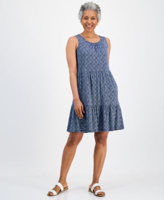 Petite Printed Round-Neck Tiered Tank Dress