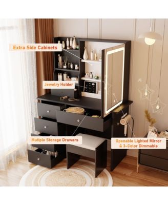 Vanity Desk with Sliding Mirror, LED Lights, Charging Station