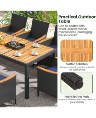 Set of 9 Outdoor Dining Set w/ Acacia Wood Tabletop and Umbrella Hole and Seat Cushions