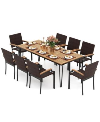 Set of 9 Patio Dining Set w/79'' Rectangular Dining Table and 8 Stackable Rattan Chairs