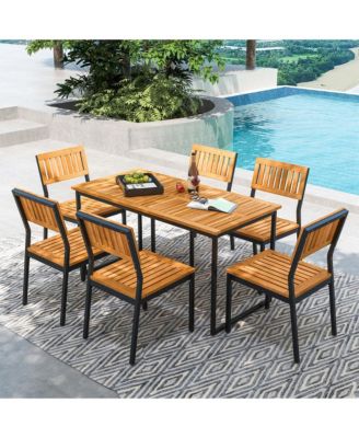 7 PCS Outdoor Dining Set for 6 Acacia Wood Rectangular Table and 6 Armless Chairs