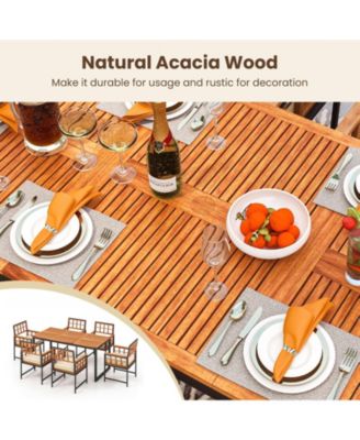 7PCS Dining Set Outdoor Acacia Wood Table w/ Soft Cushions Umbrella Hole Patio