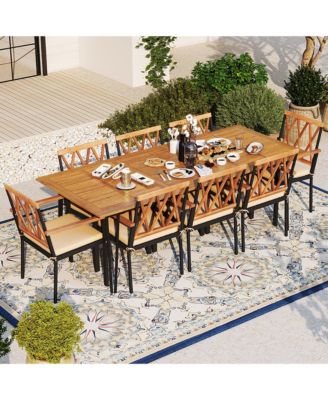 9 PCS Patio Dining Set w/ 8 Chairs Acacia Wood Table Top Umbrella Hole for Yard