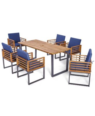 7PCS Acacia Wood Patio Dining Set Cushioned Dining Chair and Table Set w/ Umbrella Hole