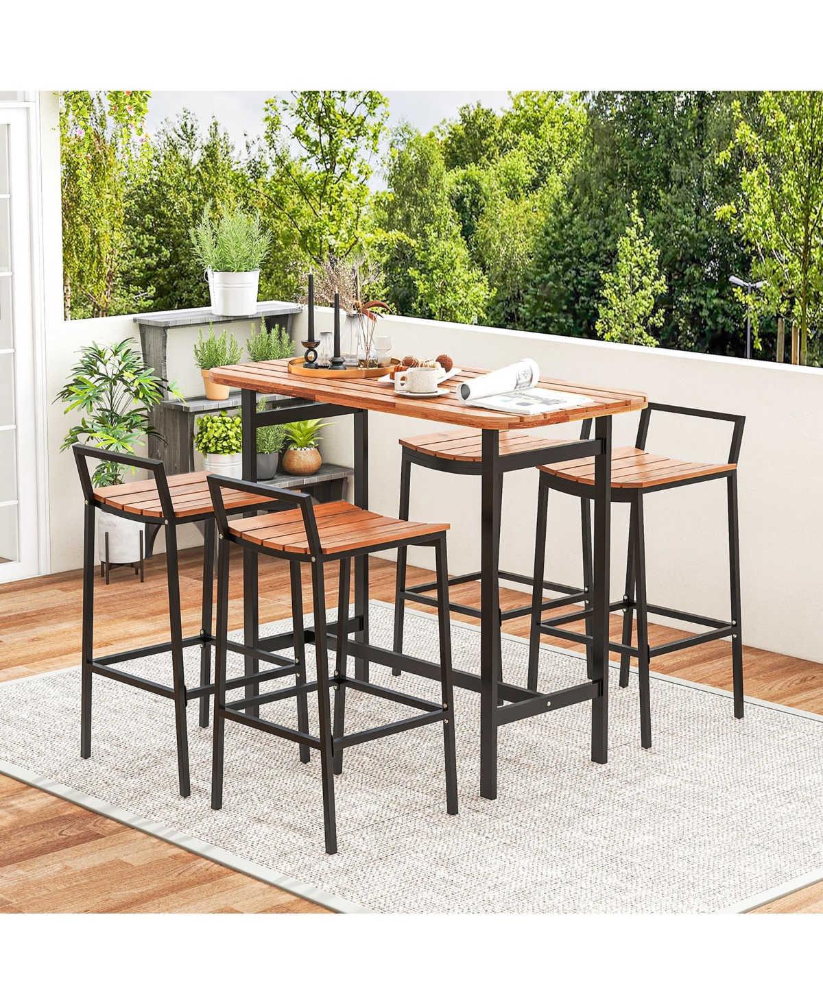 Gymax Acacia Wood Patio Table and Chair Set 5 Pcs Outdoor Dining Set with 1 Table and 4 Bar Height Chairs