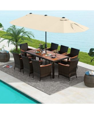 9 Piece Patio Wicker Dining Set w/ Double-Sided Patio Beige Umbrella Stackable Chairs