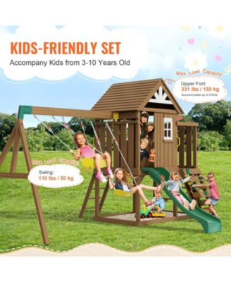9 in 1 Wooden Swing Set with Slide Swings Fort Picnic Table and Sandbox