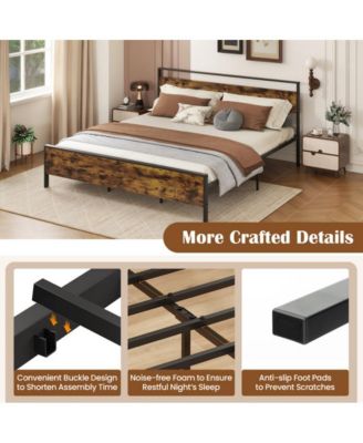 Metal Bed Frame Industrial Platform Bed with Wooden Headboard