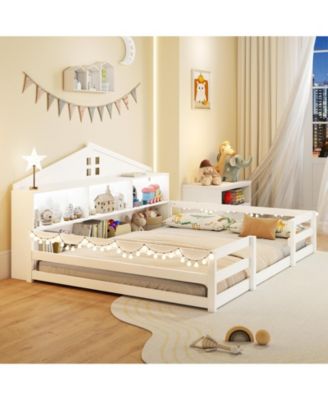 Montessori Floor Bed with Storage Compartments and Shelf