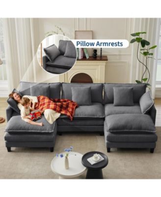 112" Modular Sectional Sofa, U-Shaped Corduroy Cloud Couch with Ottoman and Pillows, Deep Seat