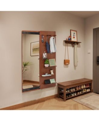 Wall Mounted Full Length Mirror with Shelf and Hook, Walnut 47.615.7in Multifunctional for Bedroom Entrance