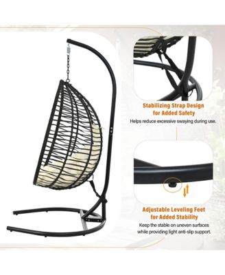 Hanging Hammock Chair, Foldable Rattan Egg Swing Chair with Iron Frame, Plush Cushion and Removable Headrest for Indoor Outdoor