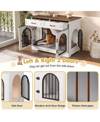 43.3" Dog Crate Furniture with Storage Drawers, Side Doors for Medium Large Dogs, End Table Kennel, WhiteandBrown