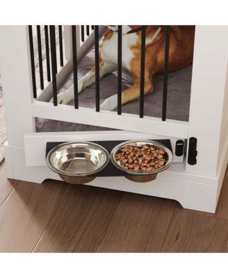 Farmhouse Dog Crate Furniture with Storage and Rotating Bowls, Metal Kennel for Large Dogs, Side Table