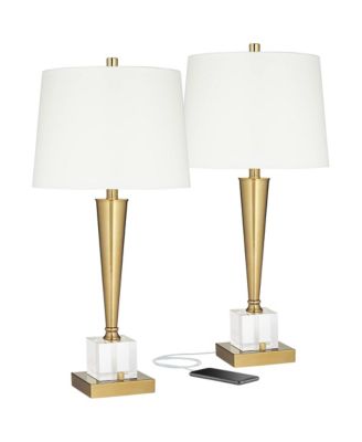 Wayne Modern Table Lamps 29 1/4" Tall Set of 2 Brass with USB Charging Port Fabric Drum Shade for Bedroom Living Room Kids
