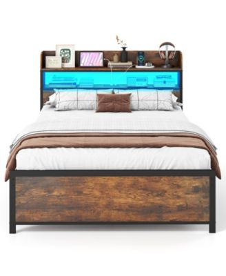 LED Bed Frame with Power Outlets and Storage Headboard