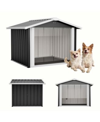 39.7" 2-in-1 Metal Dog House and Storage Shed, Weatherproof Outdoor Shelter for Dogs