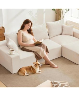 110" Modular Sectional Sofa, L-Shaped Corduroy Couch with Chaise and Pillows