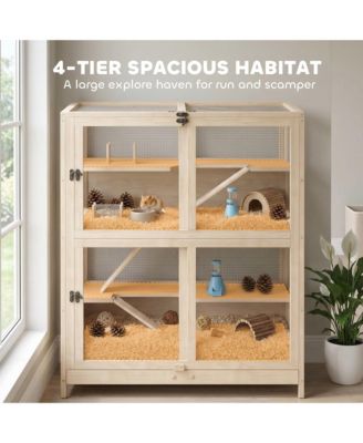 Wooden Hamster Cage, 4 Tier Small Animal Cage with Mesh Flip Roof