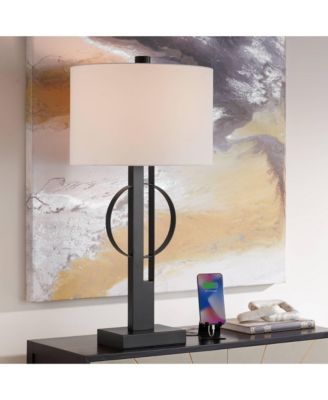 Galaxy 32" Tall Geometric Base Large Modern End Table Lamp Dual USB Ports Metal Living Room Charging