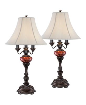 Rhys Tall Traditional 3 Way Table Lamps, Bronze Finish with Tortoise Shell Glass, Set of 2