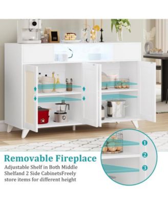 47" Rattan Sideboard Buffet Cabinet with 4 Doors, 2 Drawers, Power Outlet, LED Lights & Adjustable Shelves
