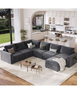Sectional Sleeper Sofa with Pull-Out Bed, U-Shaped Chenille Modular Couch with Storage and Ottomans
