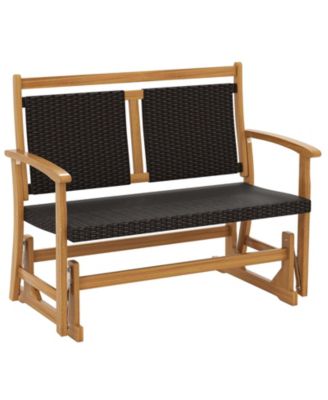 Patio Rattan Glider Bench for 2 with Acacia Wood Frame and Wicker Seat Back