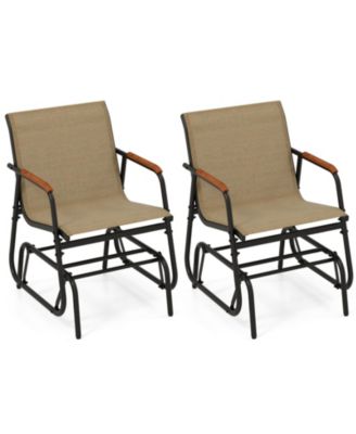 Patio Glider Chair Set of 2 with Curved Teak Armrests and Breathable Fabric Seat