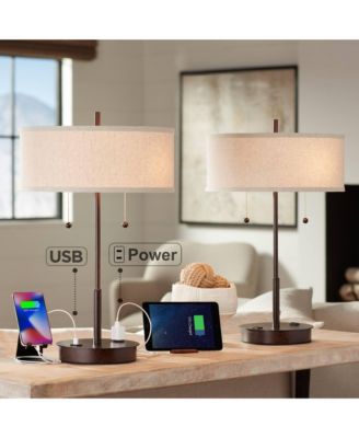 Modern Accent Table Lamps 23.5" High Set of 2 with Hotel Style USB and AC Power Outlet in Base Fabric Drum Shade for Living Room