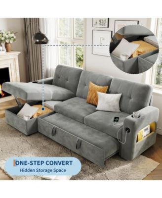 84" Sleeper Sofa Bed, L-Shaped Convertible Couch with Storage, Charging Station and LED Lights