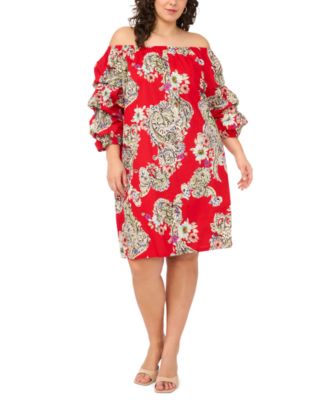 Plus Size Printed Cotton Off-The-Shoulder Dress