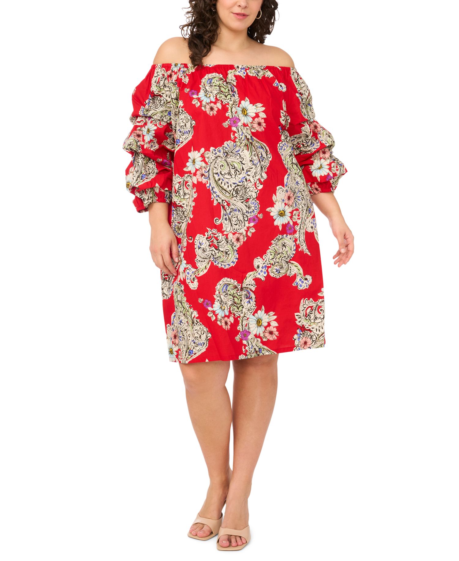 Plus Size Printed Cotton Off-The-Shoulder Dress