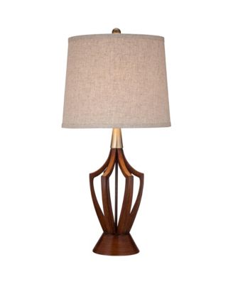 St. Claire Modern Mid Century Table Lamp 30 3/4" Tall Wood USB Charging Port Fabric Drum Shade for Bedroom Living Room Office House Home