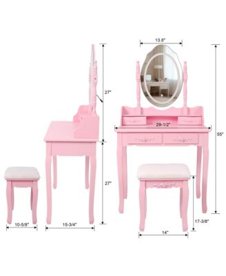 Princess Vanity Desk Set - Wooden Makeup Vanity Table with Mirror, Cushioned Stool and 4 Storage Drawers for Girls Bedroom