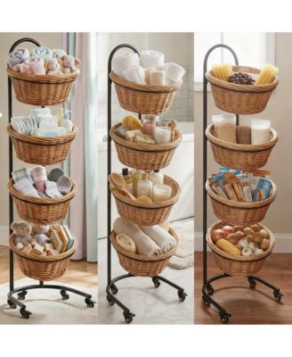 4 Tier Metal Display shelves with Wheels Sign Clips Baskets for Retail Market