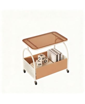 2-Tier Glass Top Rolling Side shelf with Storage Basket Mobile End Table on Wheels