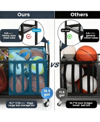 Organizer 37 Gallon Ball Storage Bin Steel shelf Baskets Hooks Elastic Straps Wheels